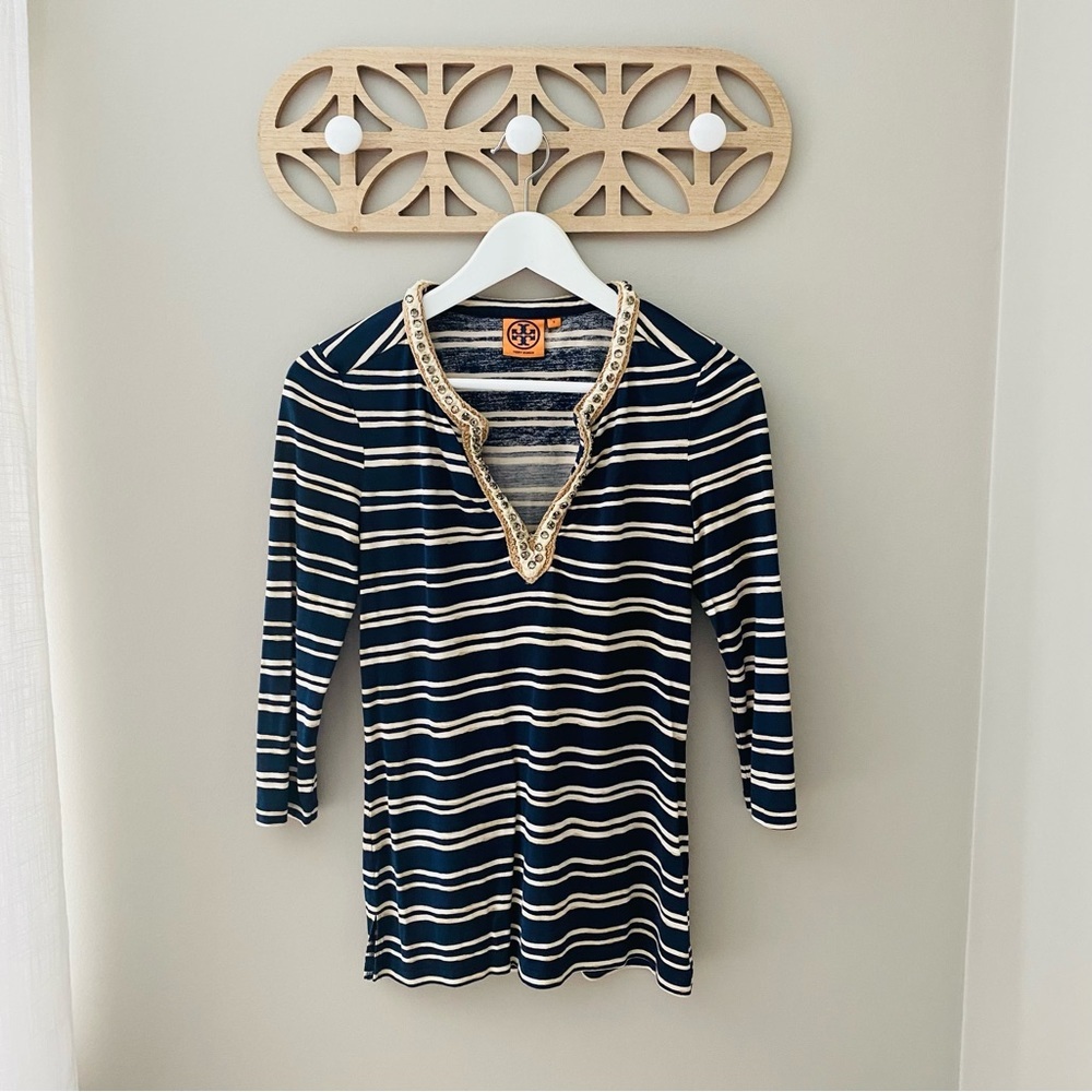 Tory Burch Striped V-Neck Top Navy Blue/Cream Sz Small